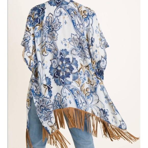 Chico's Printed Suede Fringe Ruana Kimono Cardigan Multicolor S/M NEW - Picture 3 of 10